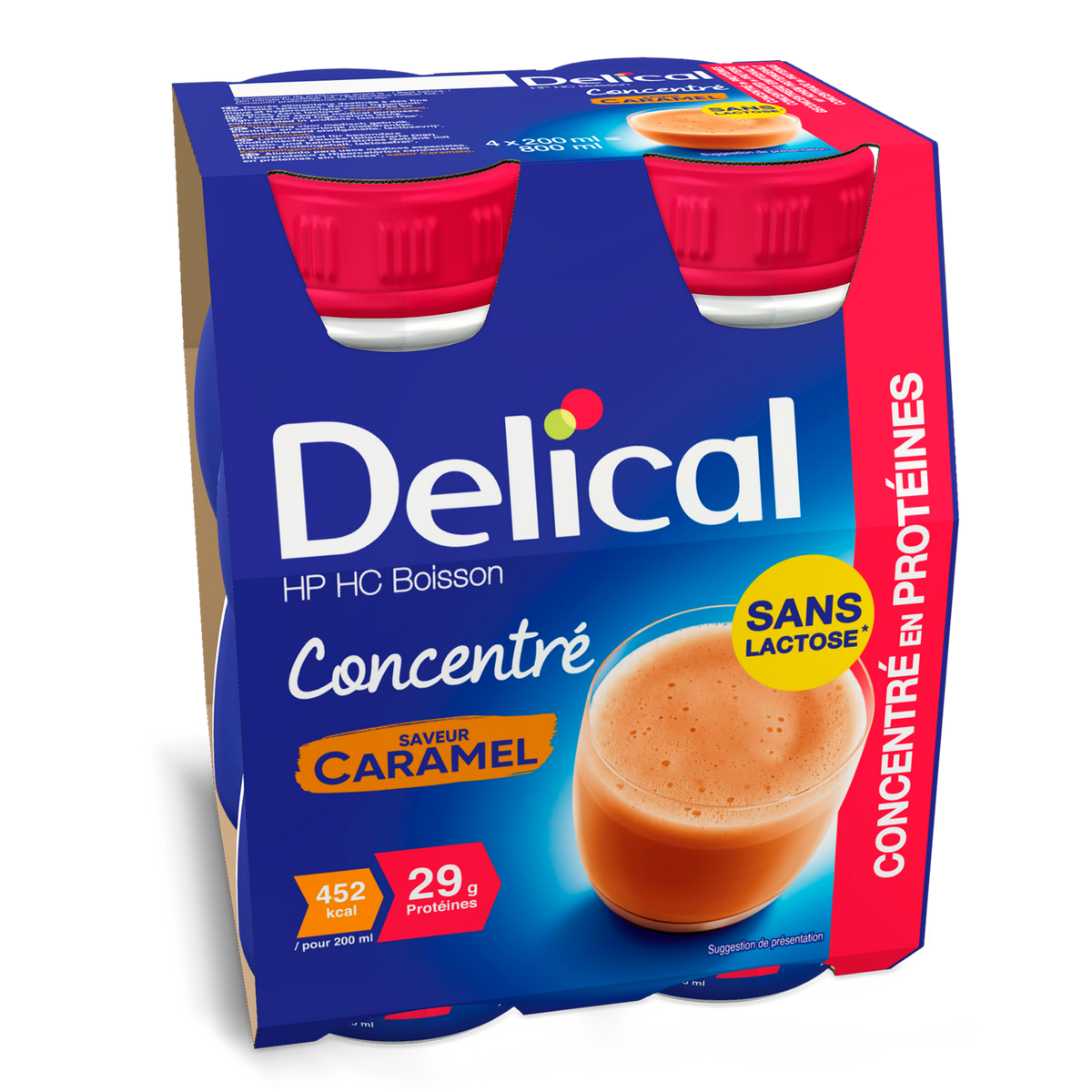 Delical HP HC Getränk Caramel in blauer 200ml Flasche, laktosefrei.