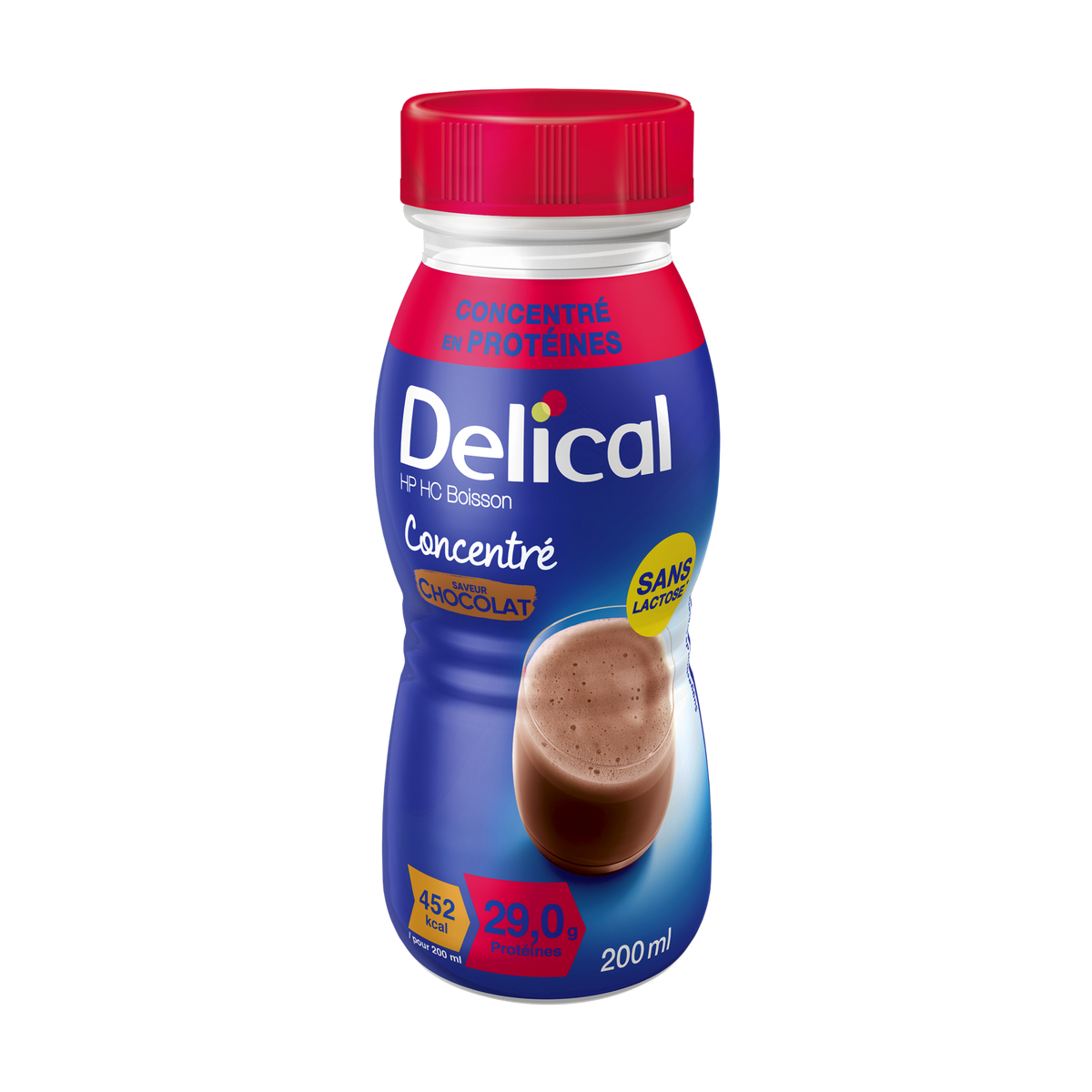 Delical HP HC Getränk Schokolade in blauer 200ml Flasche, laktosefrei.