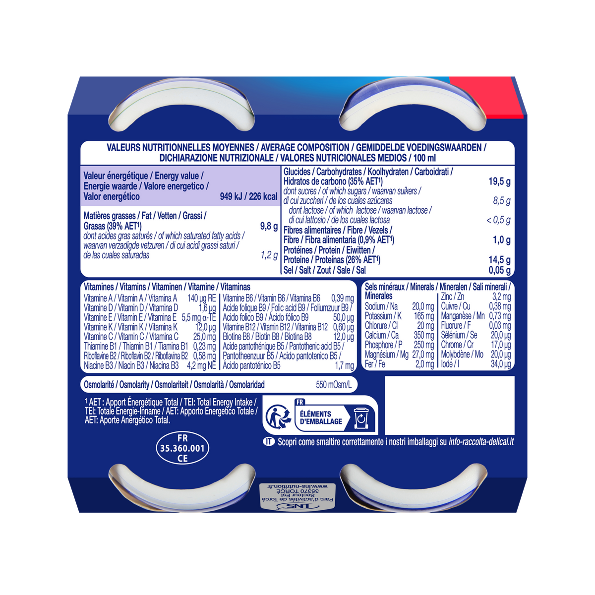 Nährwerttabelle der Delical HP HC Getränkepackung in blauer Verpackung.