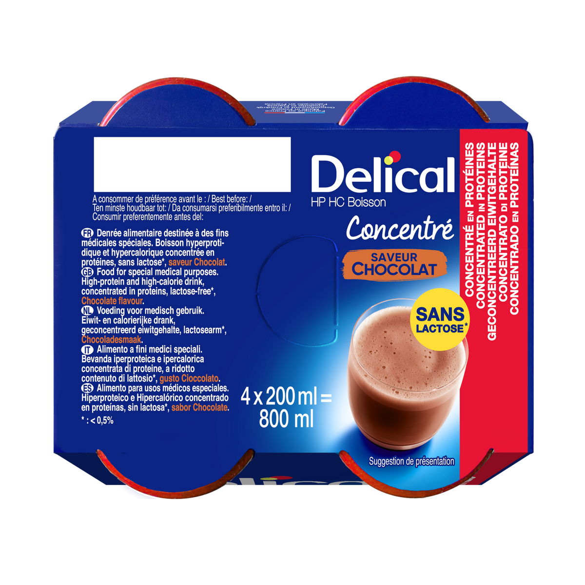 Viererpack Delical HP HC Konzentrierte Getränk Schokolade, laktosefrei, 800ml Gesamtinhalt.