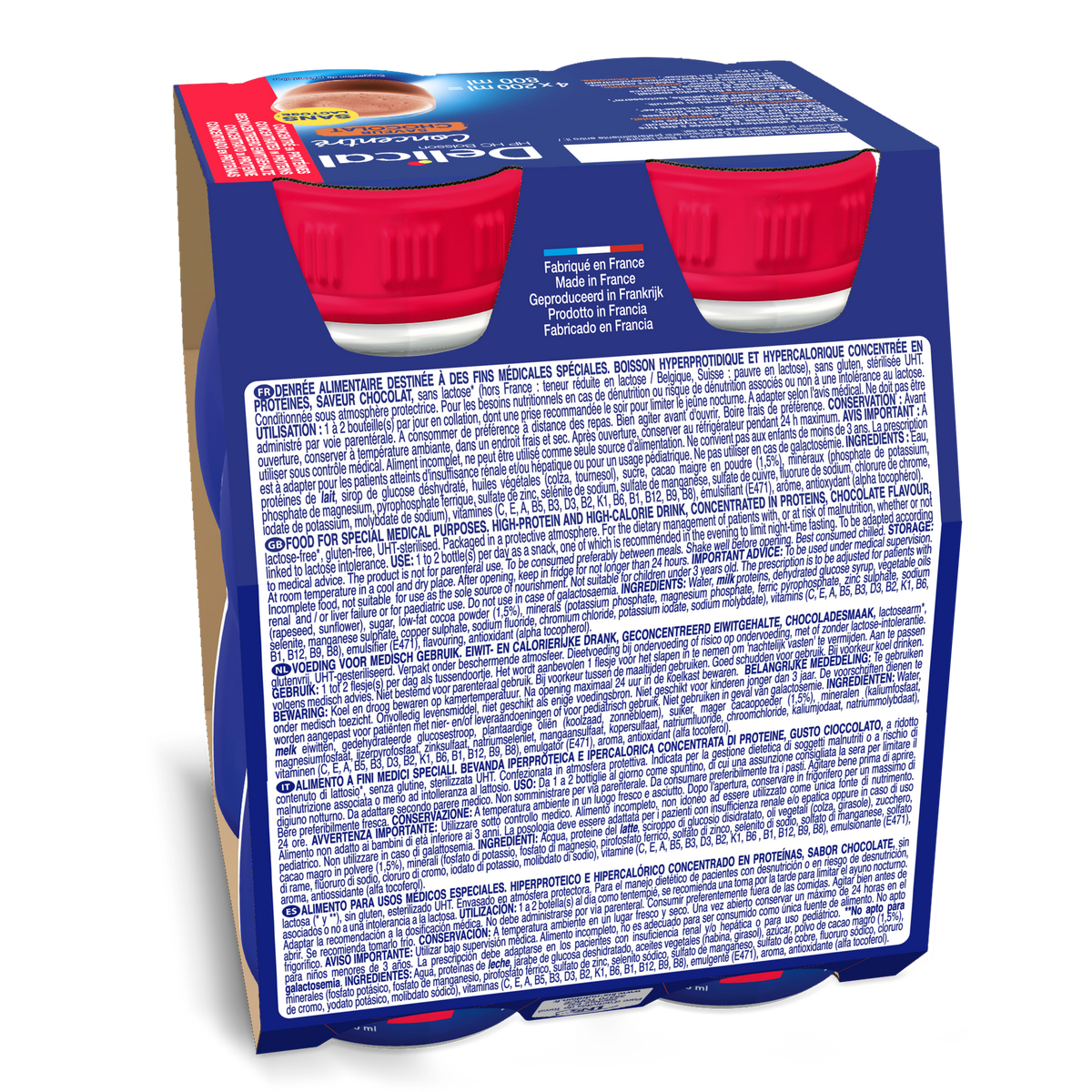 Verpackung von Delical HP HC Getränk, Schokolade, 4er-Pack mit Nährwertangaben.