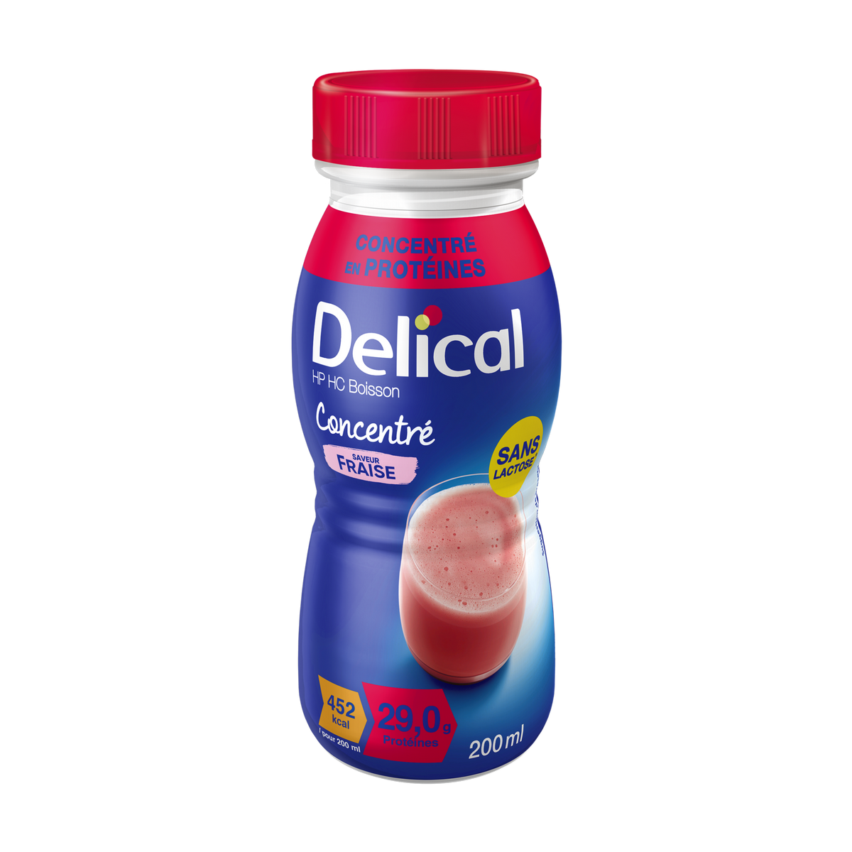 Blau-rote Delical HP HC Erdbeergetränk Getränkeflasche, 200ml, proteinreich.