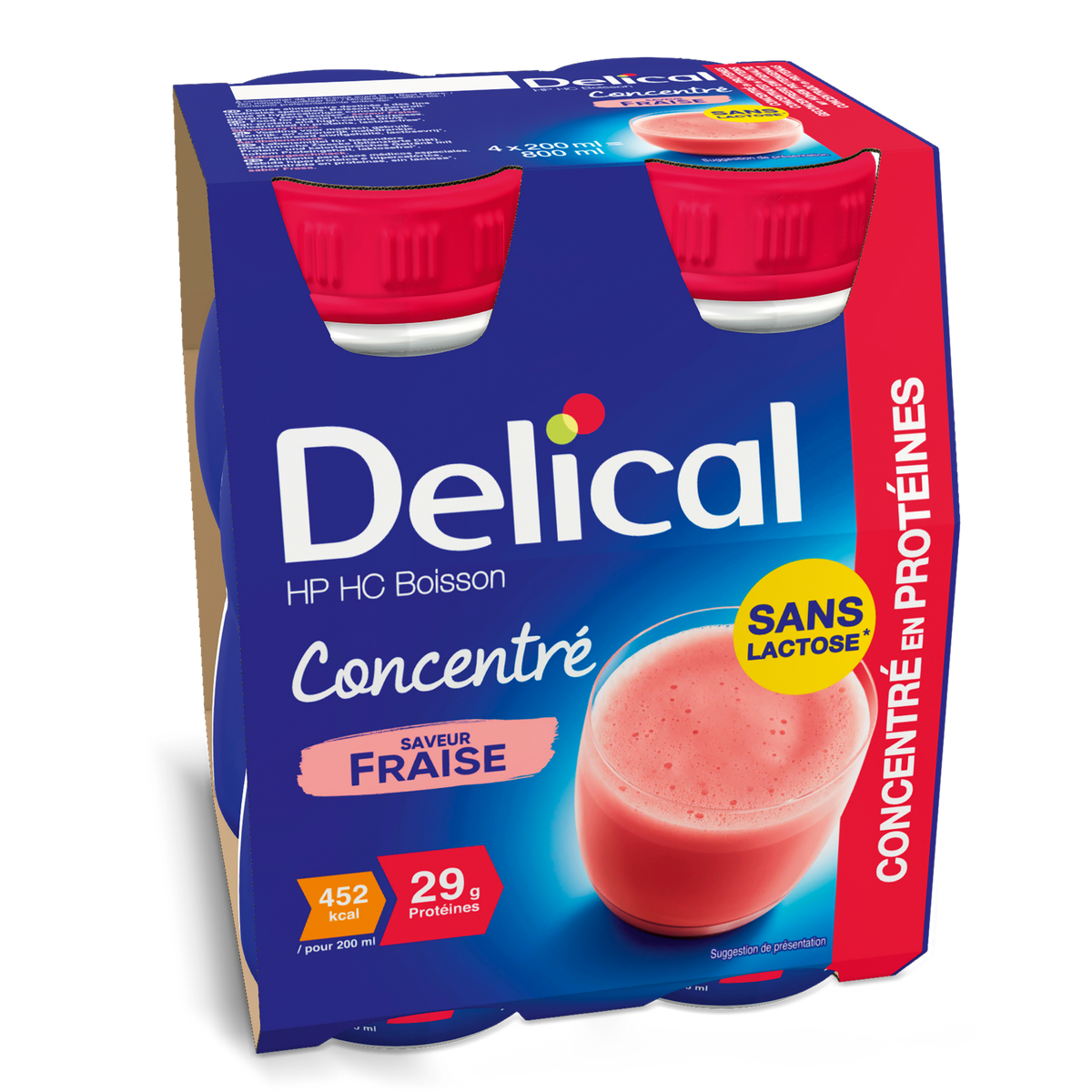 Viererpack Delical HP HC Getränk Erdbeergeschmack in blauer Verpackung.