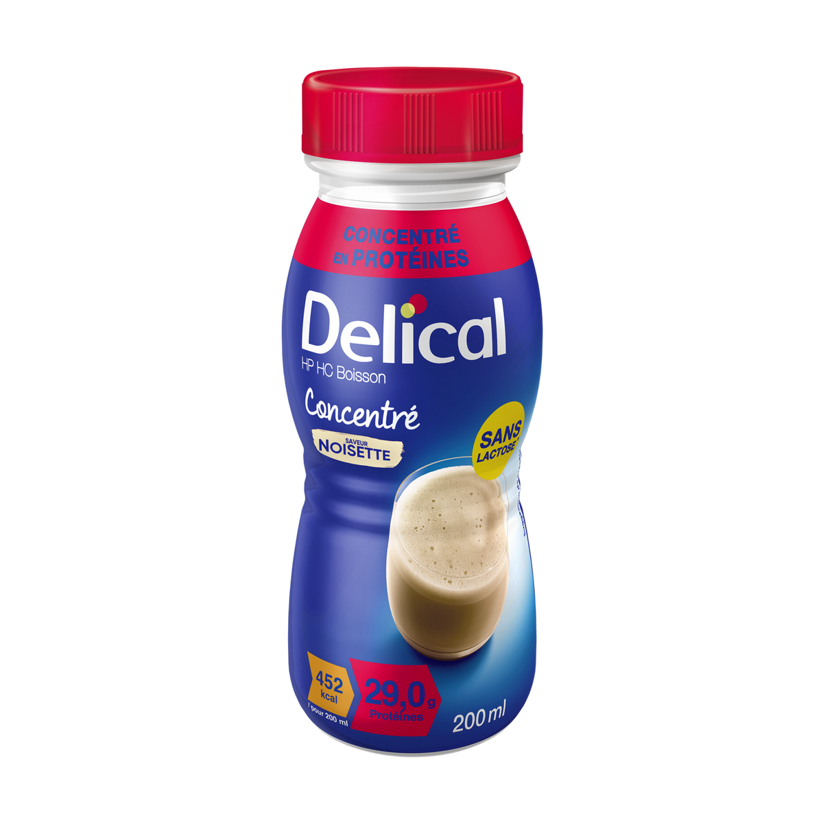 Delical HP HC Getränk Haselnuss in blauer 200ml Flasche mit rotem Deckel.