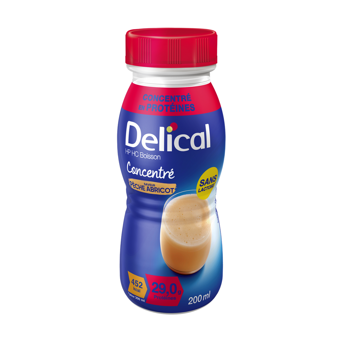 Delical Getränk Pfirsich-Aprikose in blauer 200ml Flasche, proteinreich, laktosefrei.