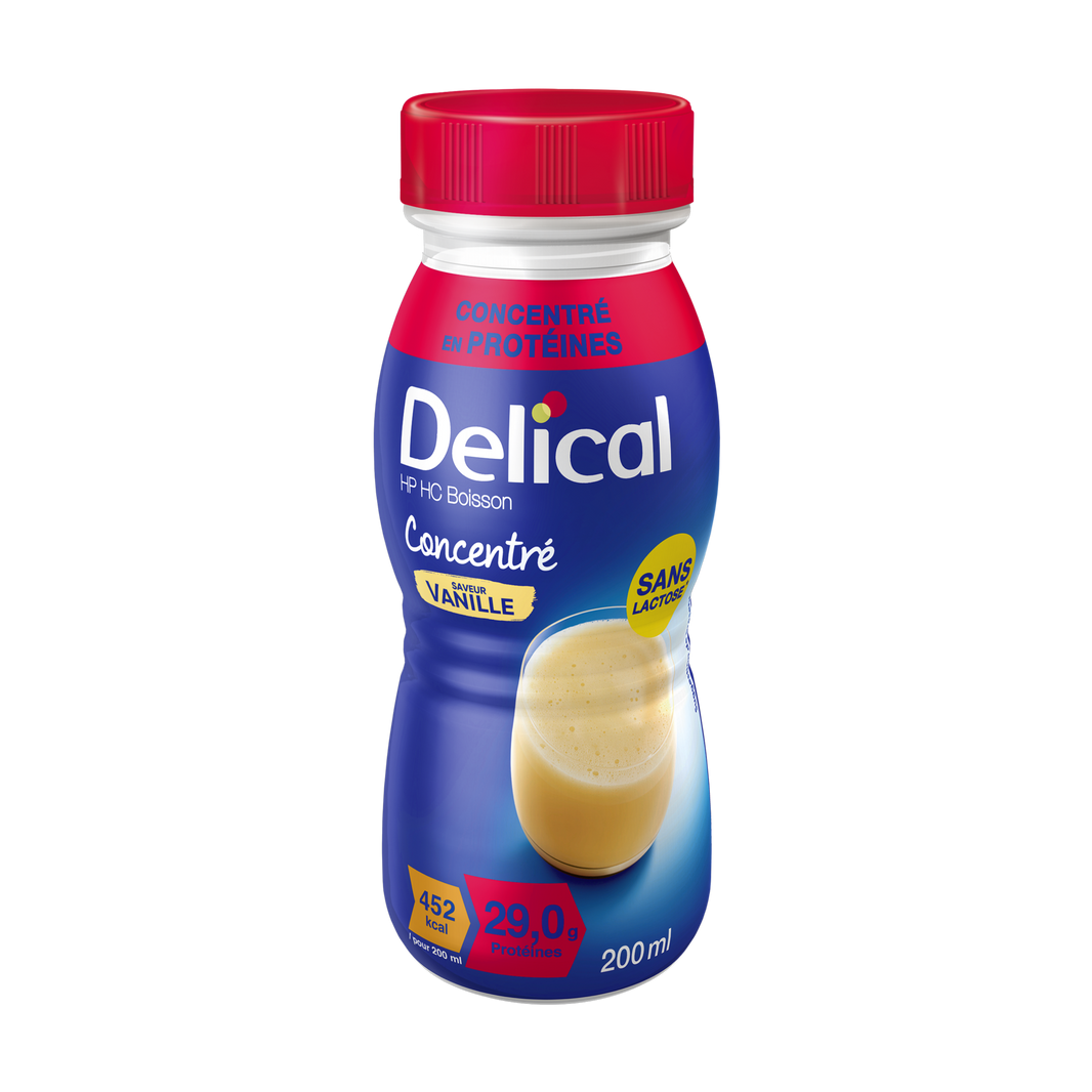 Delical HP HC Getränk Vanille in blauer 200ml Flasche.
