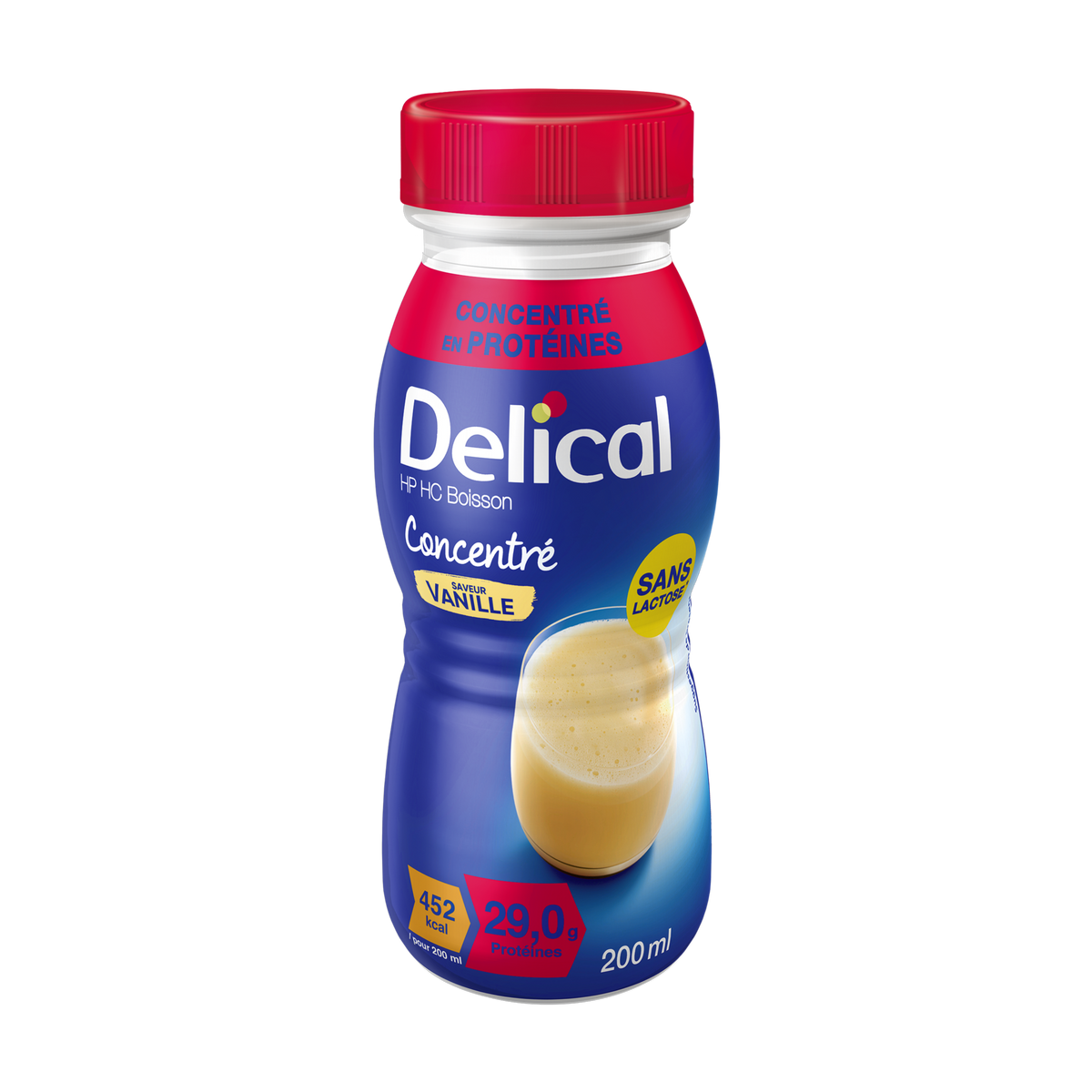 Delical HP HC Getränk Vanille in blauer 200ml Flasche.