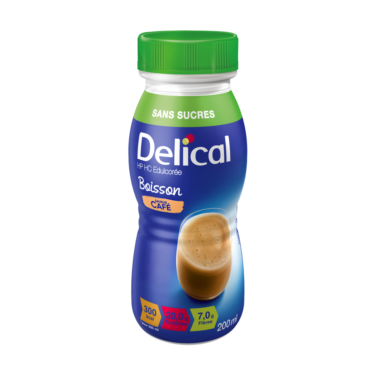 Delical HP HC Getränk mit Kaffee-Geschmack, zuckerfrei, 200 ml Flasche.
