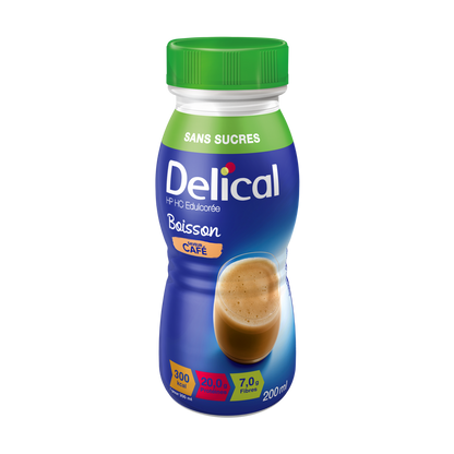 Delical HP HC Getränk mit Kaffee-Geschmack, zuckerfrei, 200 ml Flasche.