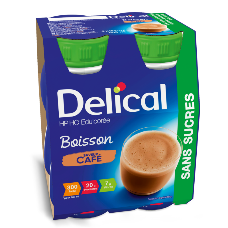 Delical HP HC Getränkepackung mit Kaffee-Geschmack, zuckerfrei, vier Flaschen.