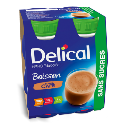Delical HP HC Getränkepackung mit Kaffee-Geschmack, zuckerfrei, vier Flaschen.