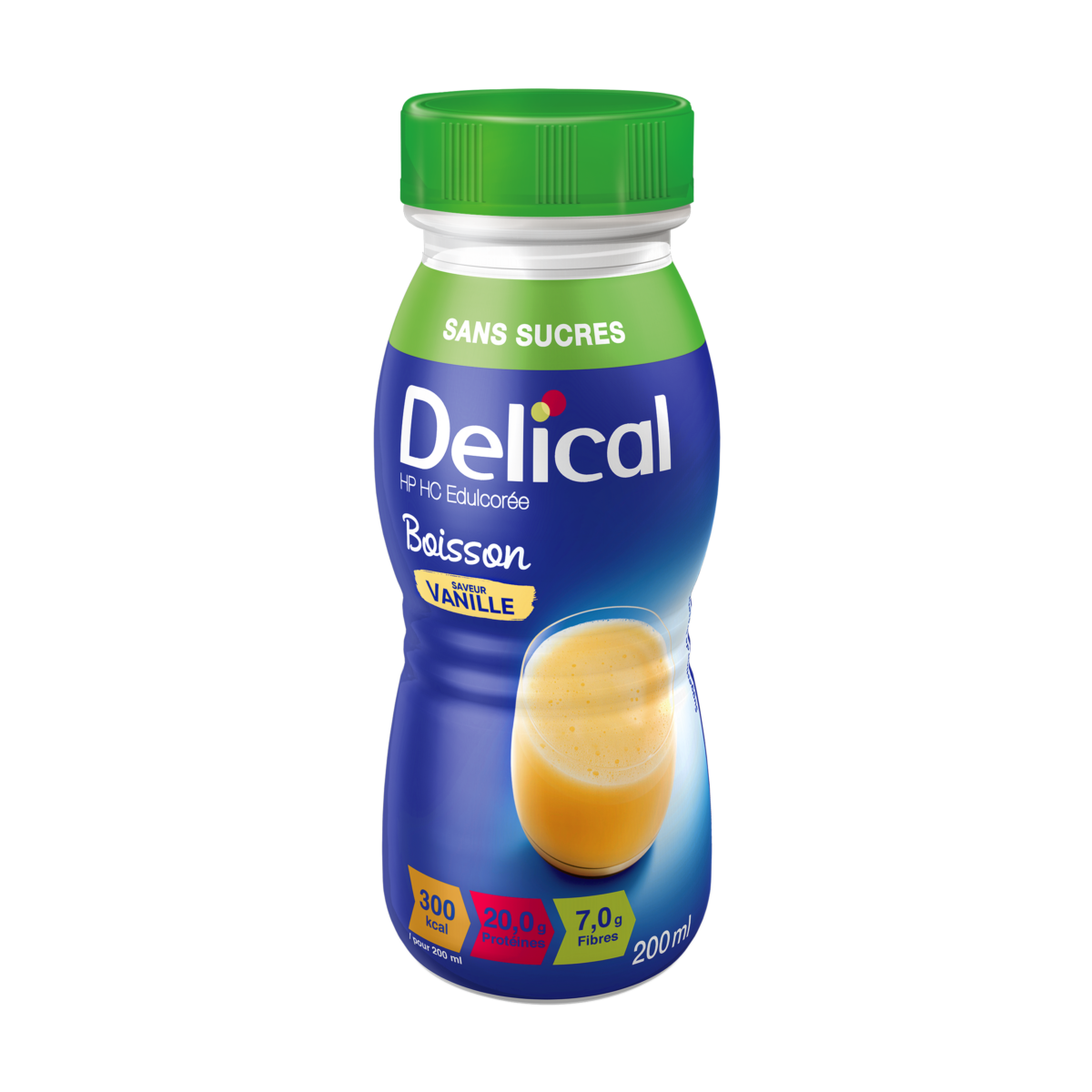 Delical HP HC Vanillegetränk ohne Zucker, 200 ml Flasche mit Nährwertangaben.
