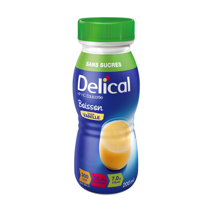 Delical HP HC Vanillegetränk ohne Zucker, 200 ml Flasche mit Nährwertangaben.