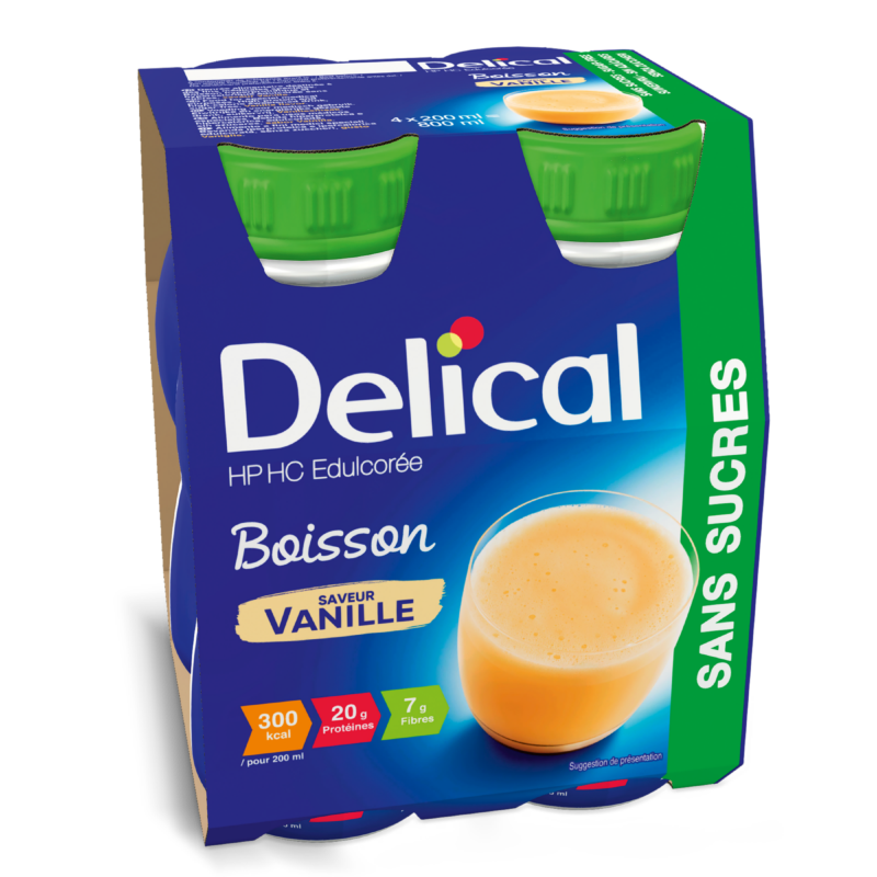 Delical HP HC Ohne Zucker Vanillegetränk, 4er-Packung, 300 kcal pro Flasche.