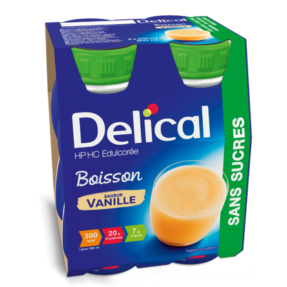 Delical HP HC Ohne Zucker Vanillegetränk, 4er-Packung, 300 kcal pro Flasche.