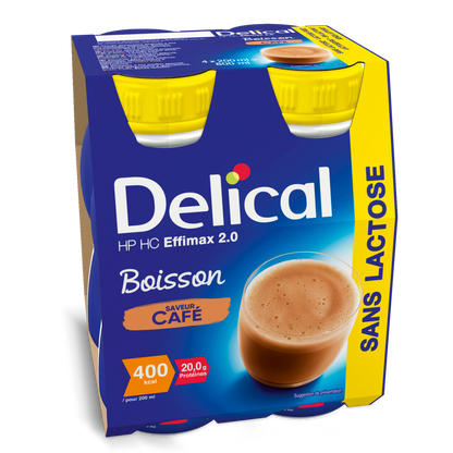 Delical HP HC Effimax 2.0 Café, hochkalorische Trinknahrung ohne Ballaststoffe.