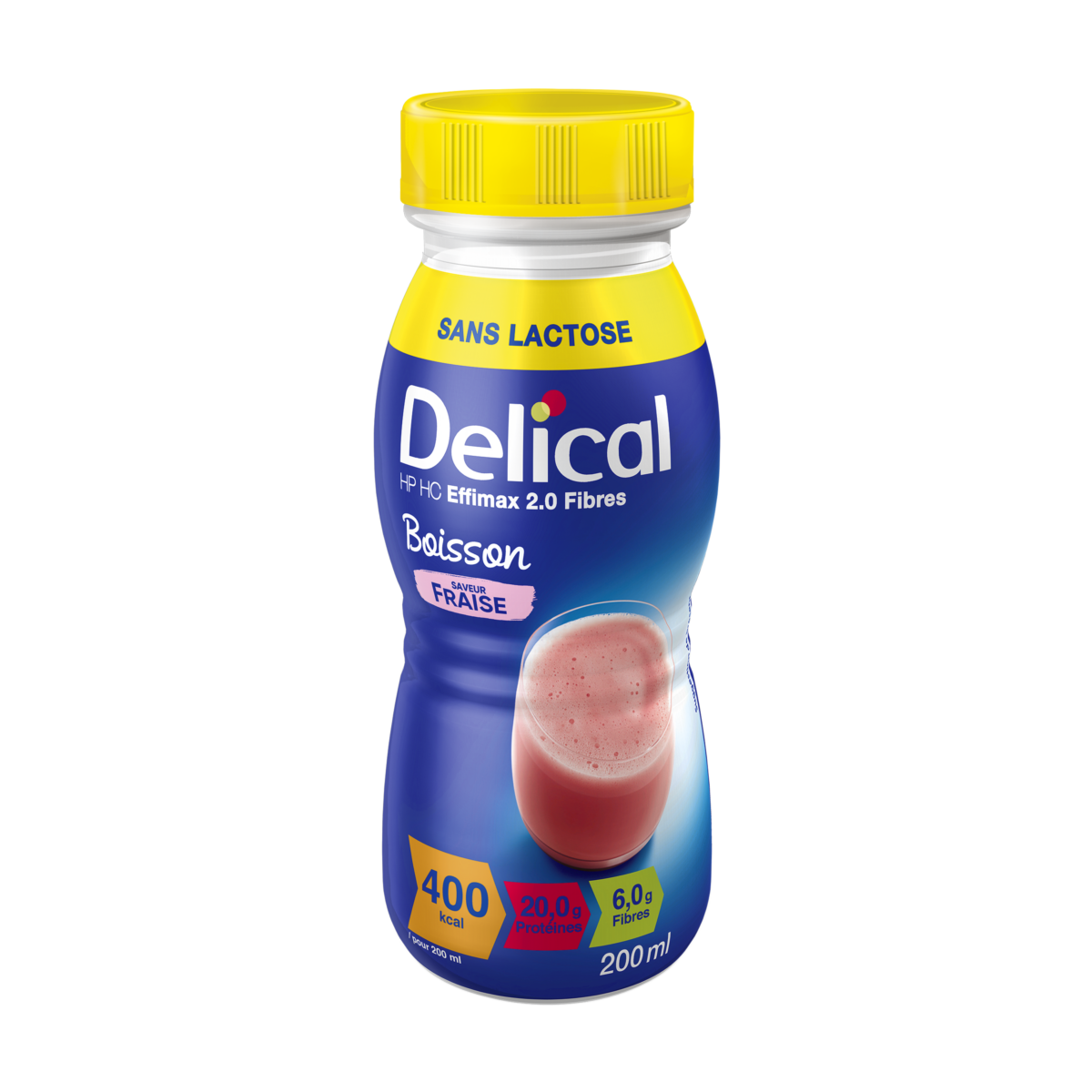 Delical HP HC EFFIMAX 2.0 Fasergetränk in Erdbeer-Geschmack, 200 ml Flasche.