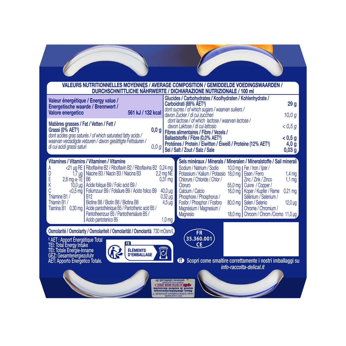 Nährwerttabelle auf der Rückseite der DELICAL SAFT Getränk Ananas Verpackung.