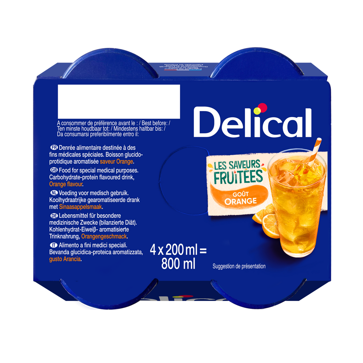 Viererpack DELICAL SAFT Getränk Orange, 200 ml Flaschen, auf blauer Verpackung.