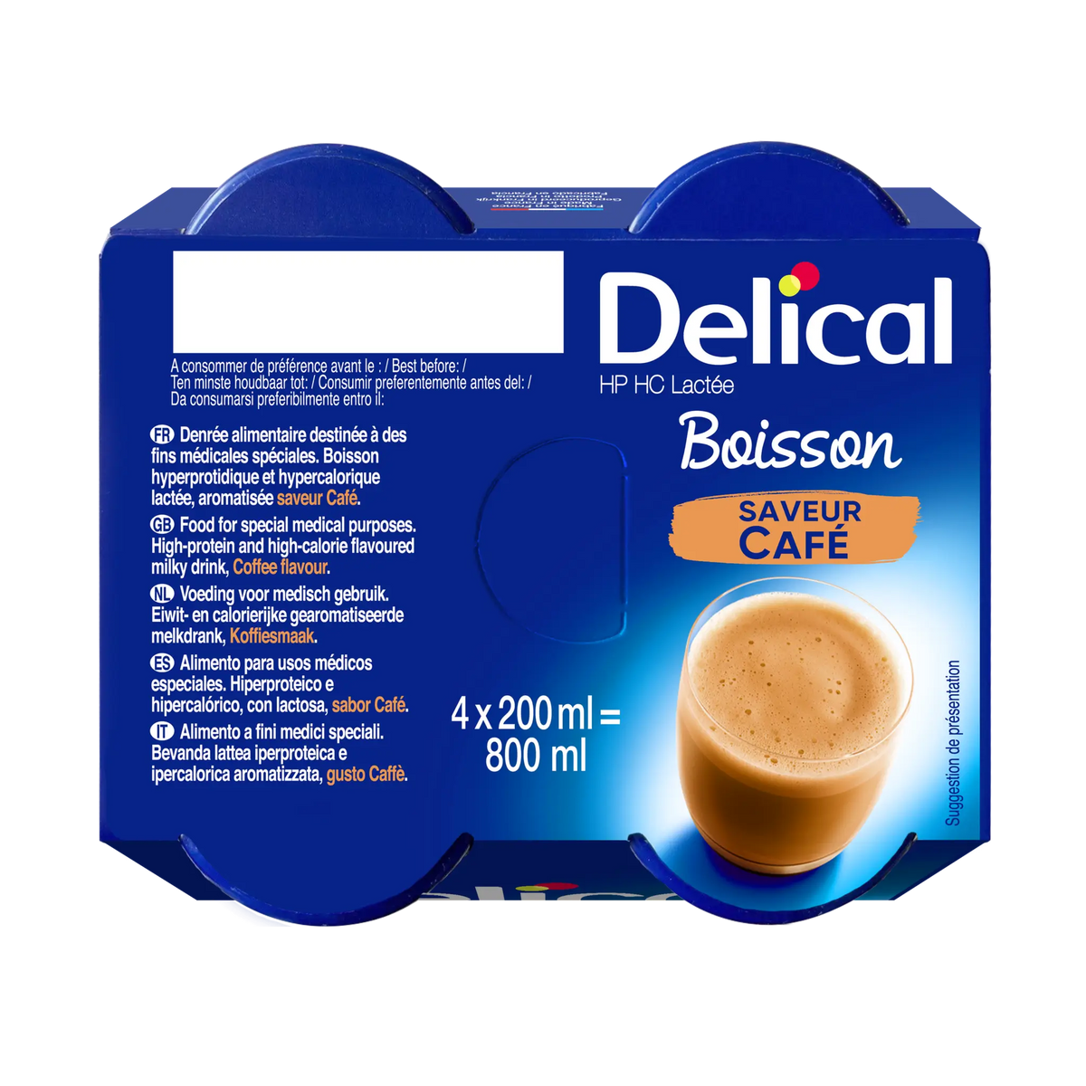 Verpackung der Delical HP HC EFFIMAX 2.0 Kaffee Trinknahrung, 4 x 200 ml.