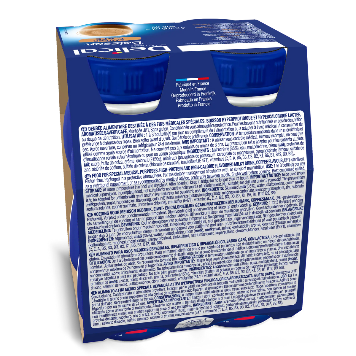 Delical HP HC EFFIMAX 2.0 Fibre Mischkarton mit Getränkeflaschen und Nährwertangaben.