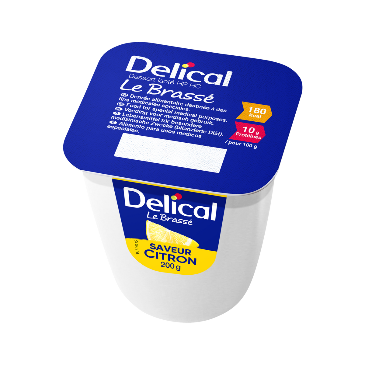 Delical HP-HC Joghurt Brassé Zitrone, 200 g Becher in blauer Verpackung.