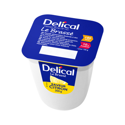 Delical HP-HC Joghurt Brassé Zitrone, 200 g Becher in blauer Verpackung.