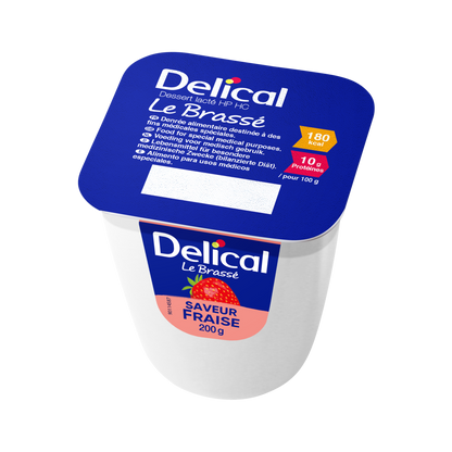 Delical HP-HC Joghurt Brassé Erdbeere, 200 g Becher, blaue Verpackung.