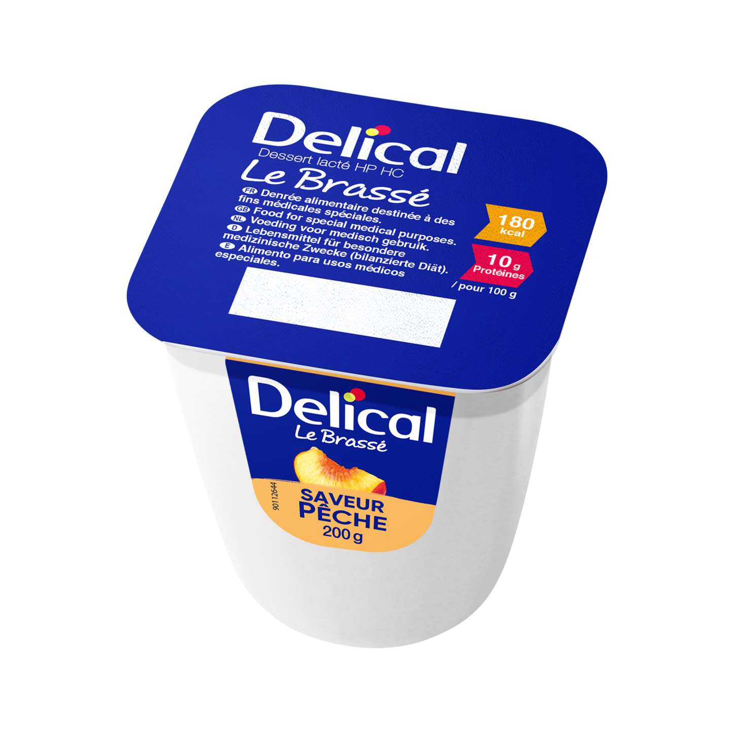 Delical HP-HC Joghurt Brassé Pfirsich, 200 g Becher, blaue Verpackung.