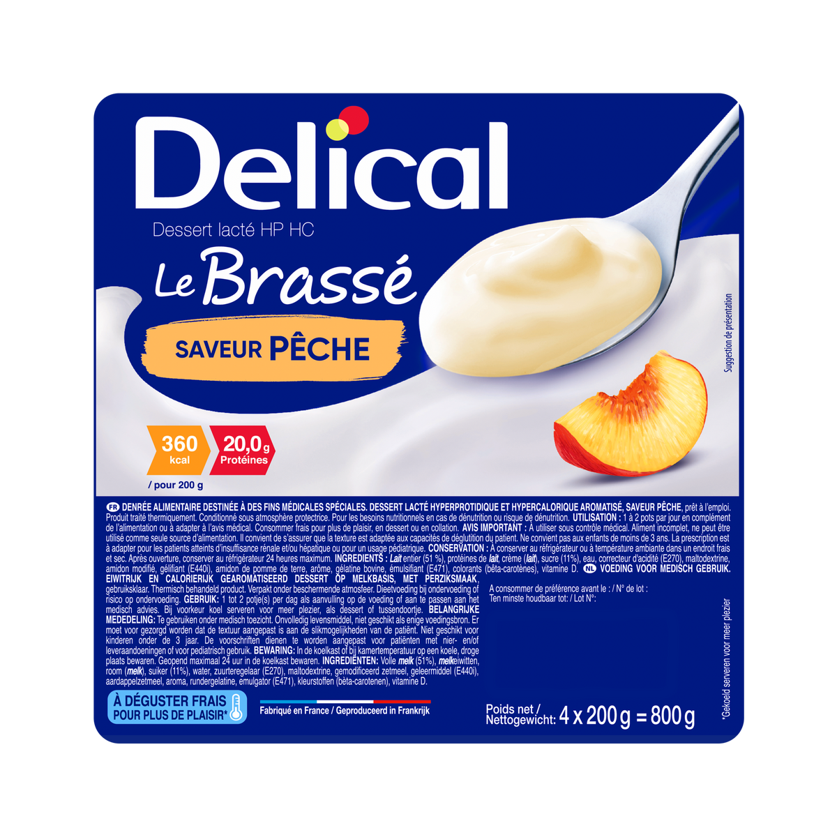Delical HP-HC Joghurt Brassé Pfirsichgeschmack in blauer Verpackung.