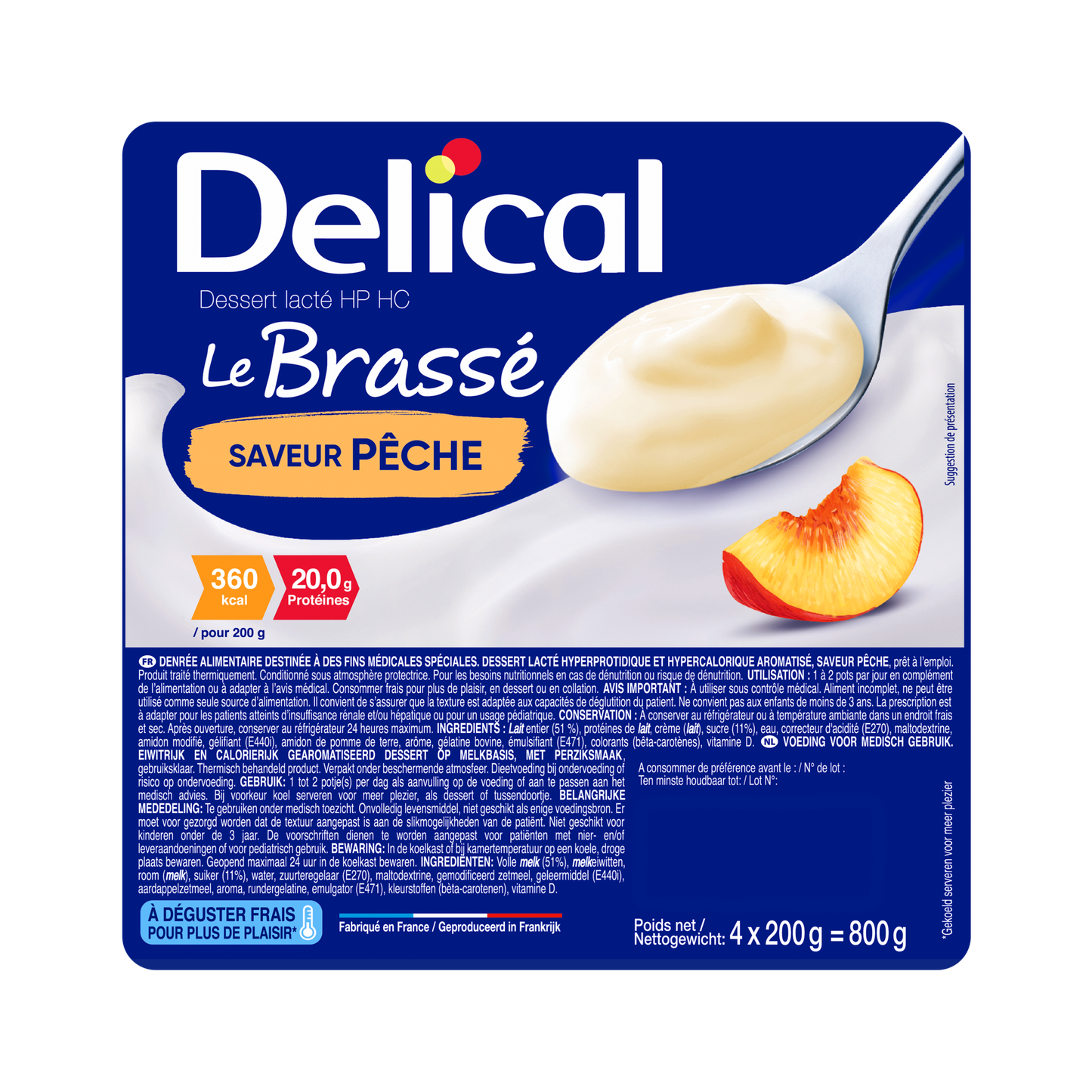 Delical HP-HC Joghurt Brassé Pfirsichgeschmack in blauer Verpackung.