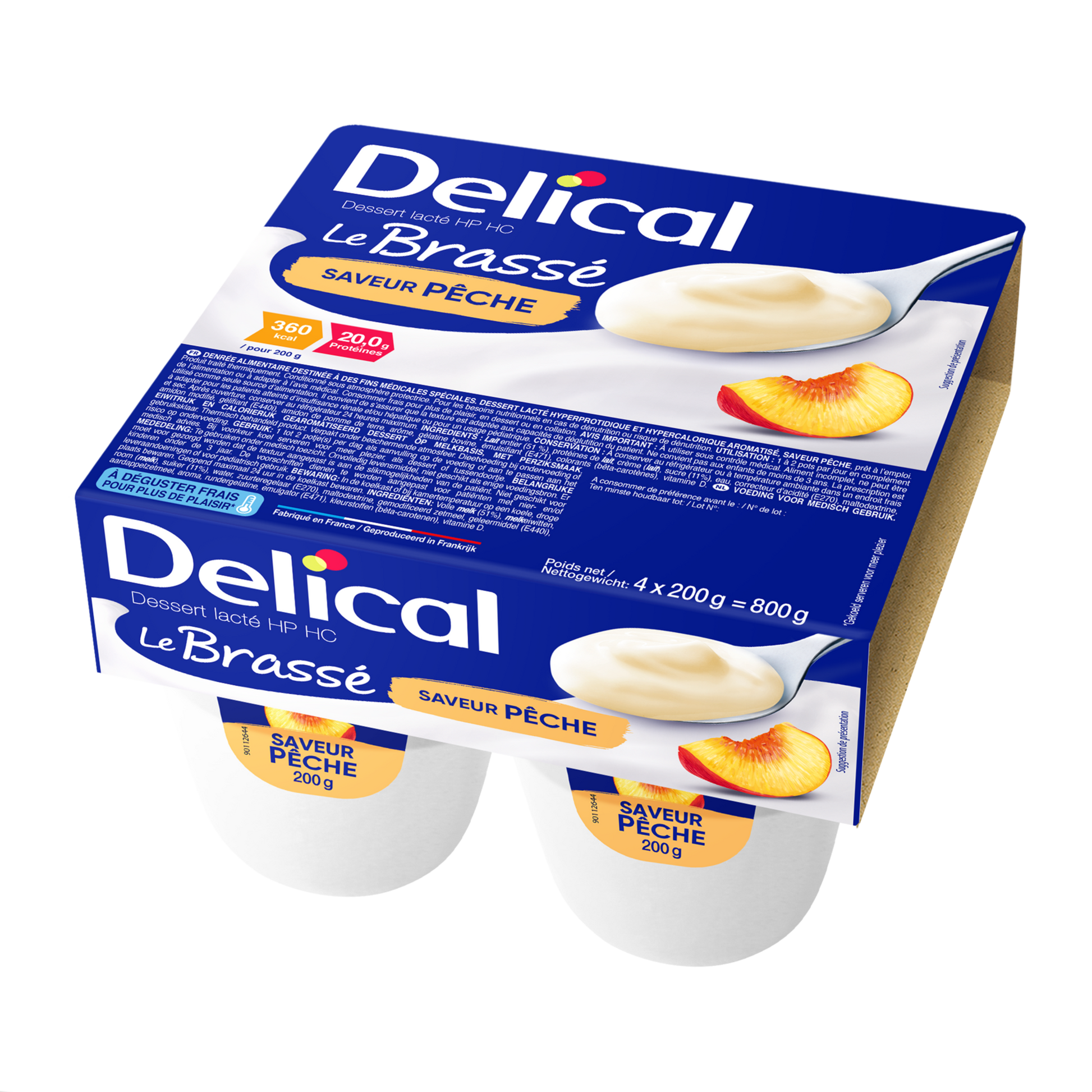 Viererpackung Delical HP-HC Joghurt Brassé Pfirsich in blauer Verpackung.