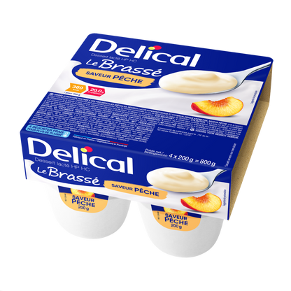 Viererpackung Delical HP-HC Joghurt Brassé Pfirsich in blauer Verpackung.
