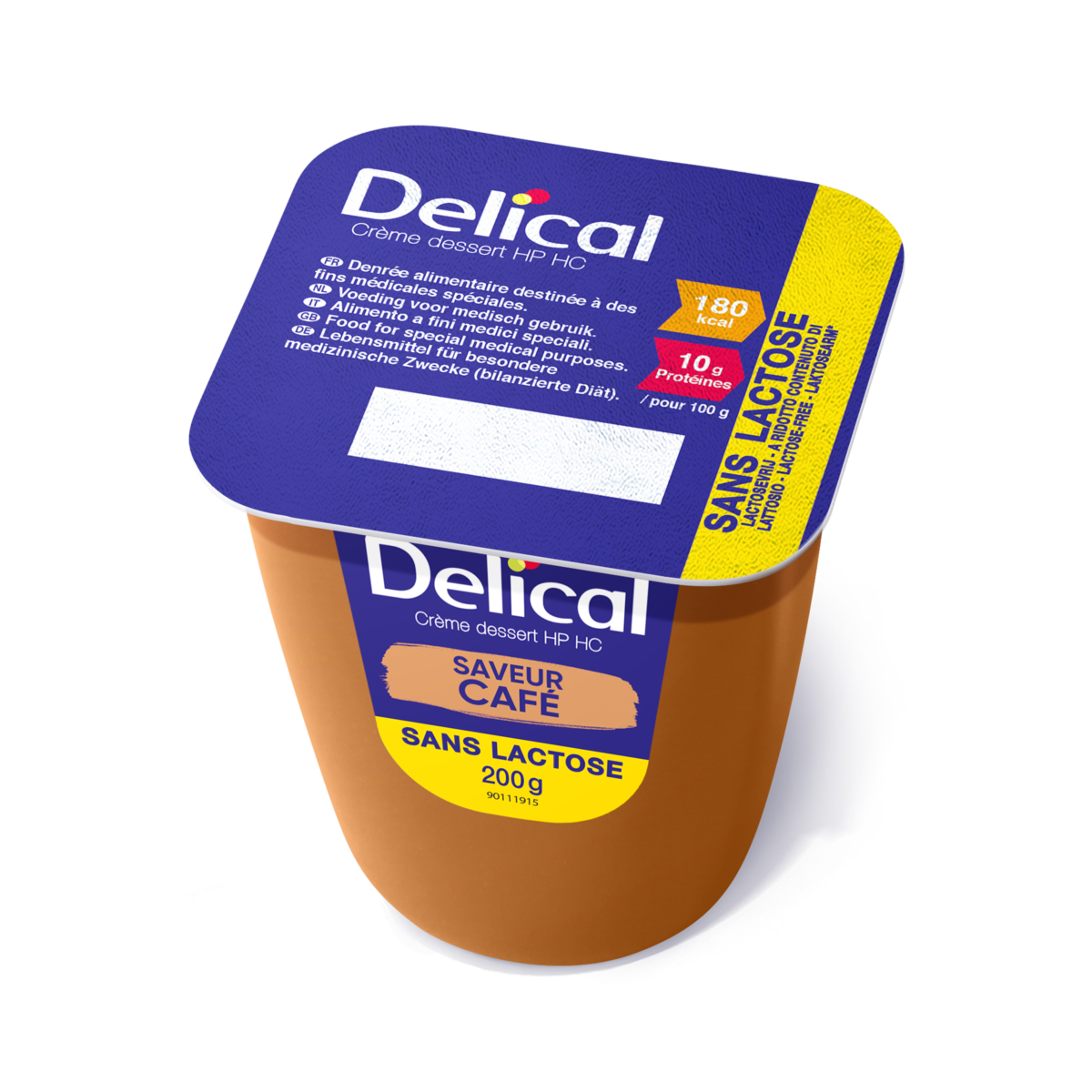 Delical Dessertcreme HP HC Café, laktosefrei, Einzelbecher mit Deckelansicht.
