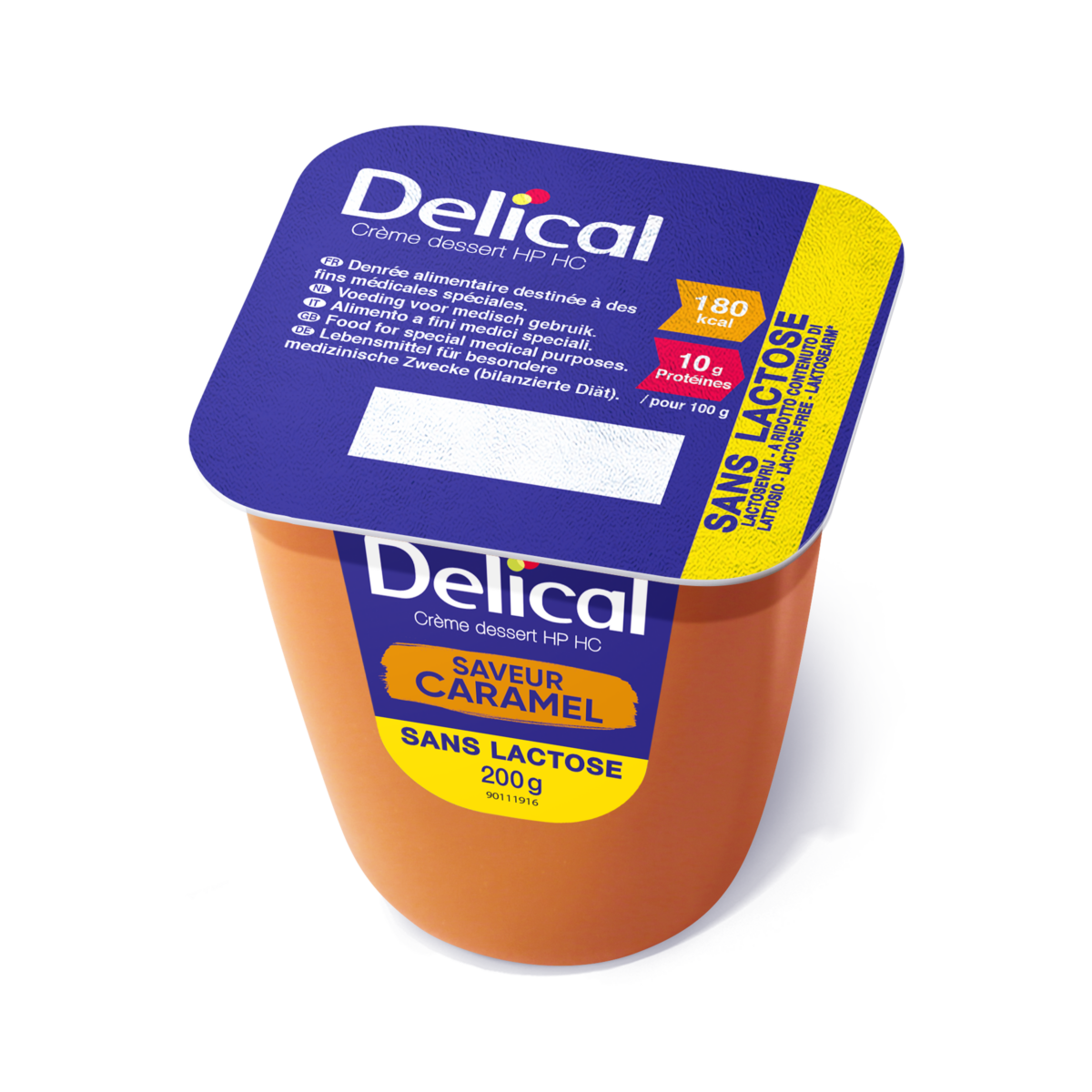Delical Dessertcreme HP HC Caramel, laktosefrei, Einzelbecher mit Nährwertangaben.