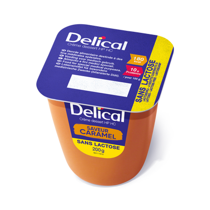 Delical Dessertcreme HP HC Caramel, laktosefrei, Einzelbecher mit Nährwertangaben.
