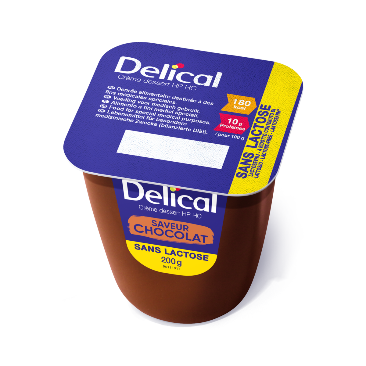 Delical Dessertcreme HP HC Schokolade, laktosefrei, Einzelbecher mit Nährwertangaben.
