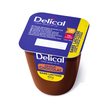 Delical Dessertcreme HP HC Schokolade, laktosefrei, Einzelbecher mit Nährwertangaben.