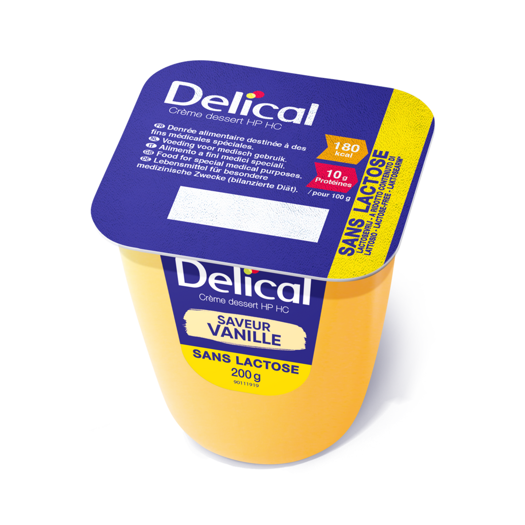 Delical Dessertcreme HP HC Aprikose, laktosefrei, Einzelbecher mit Nährwertangaben.