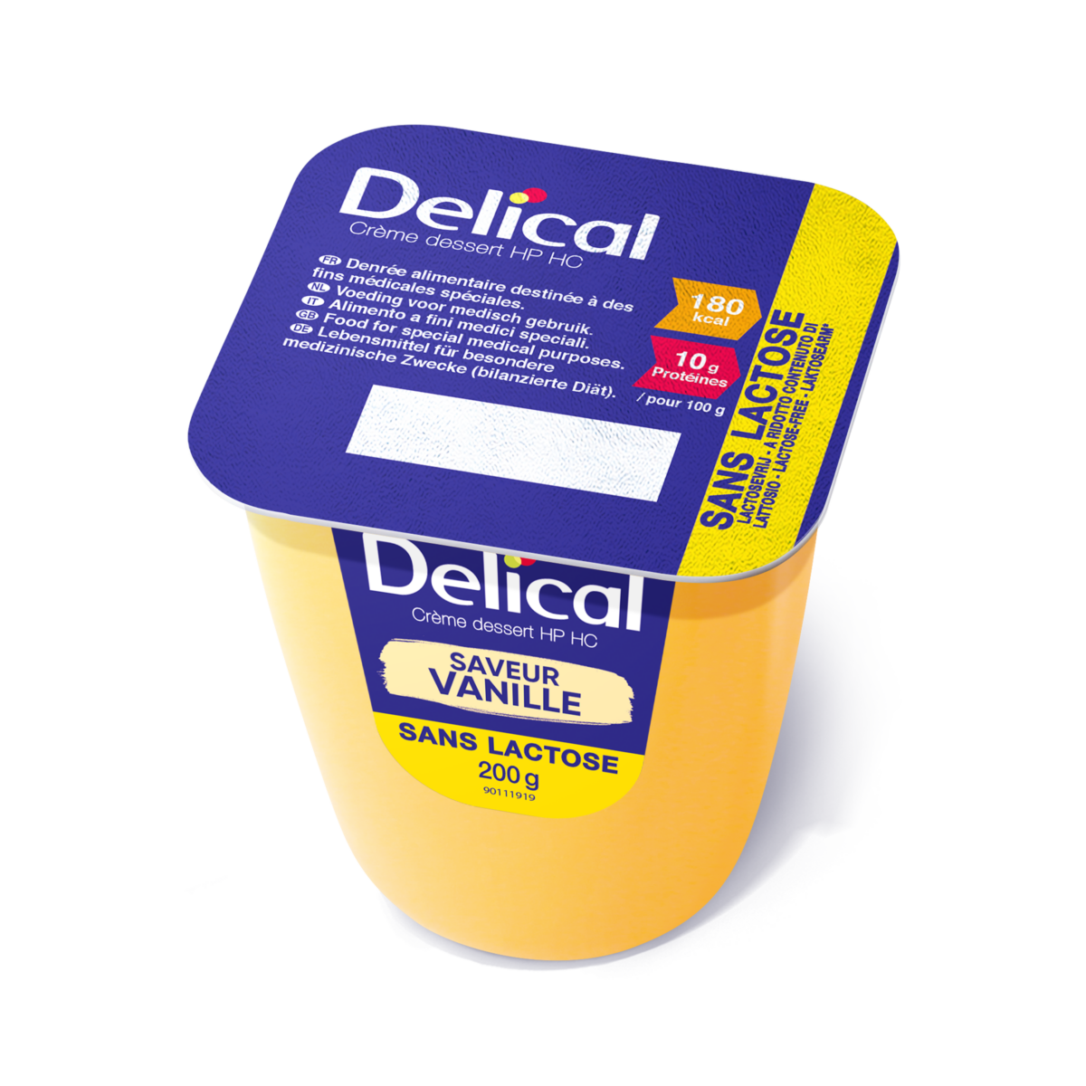 Delical Dessertcreme HP HC Aprikose, laktosefrei, Einzelbecher mit Nährwertangaben.