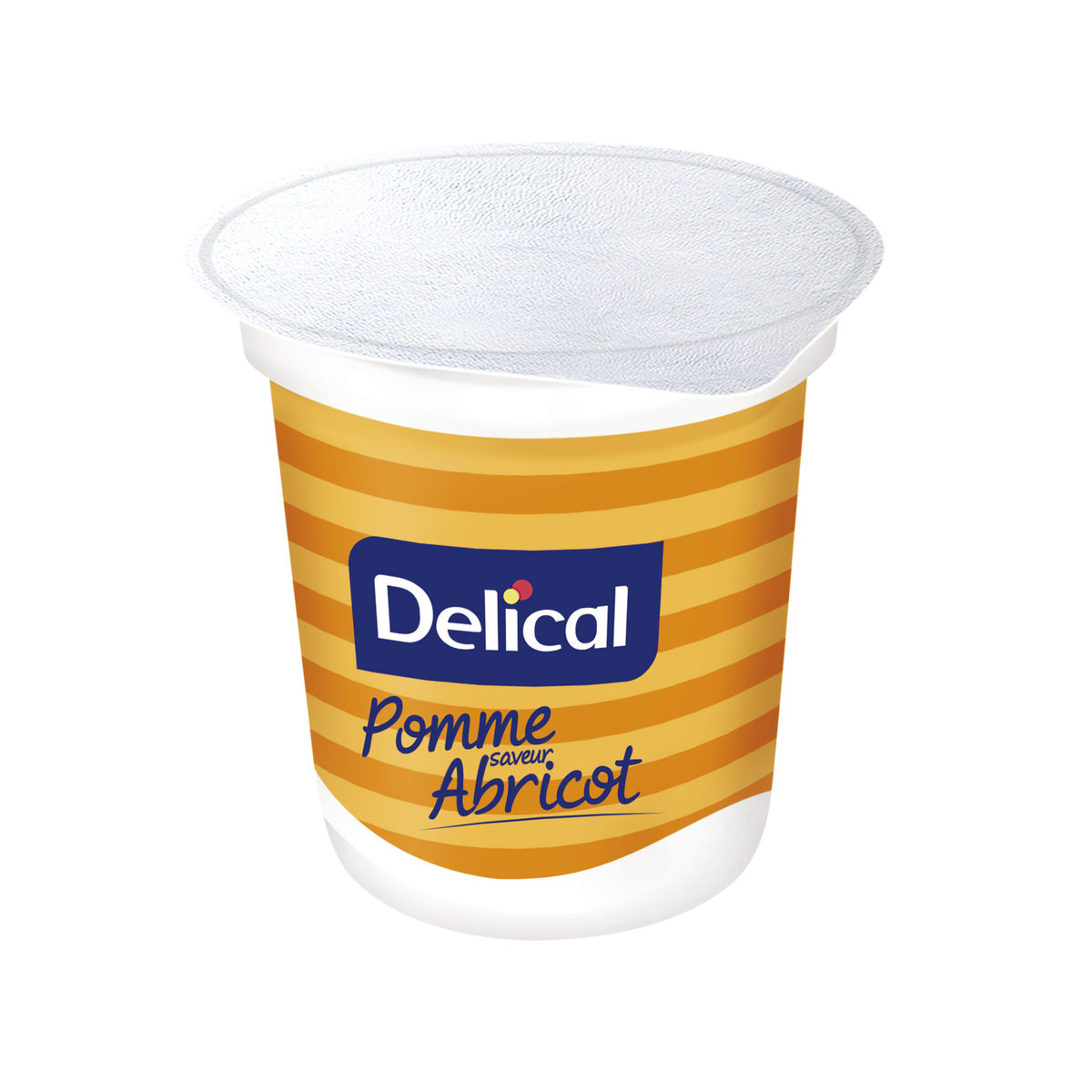 Delical Nutra'Pote Apfel-Aprikose Becher mit gestreiftem Design und Markenlogo.