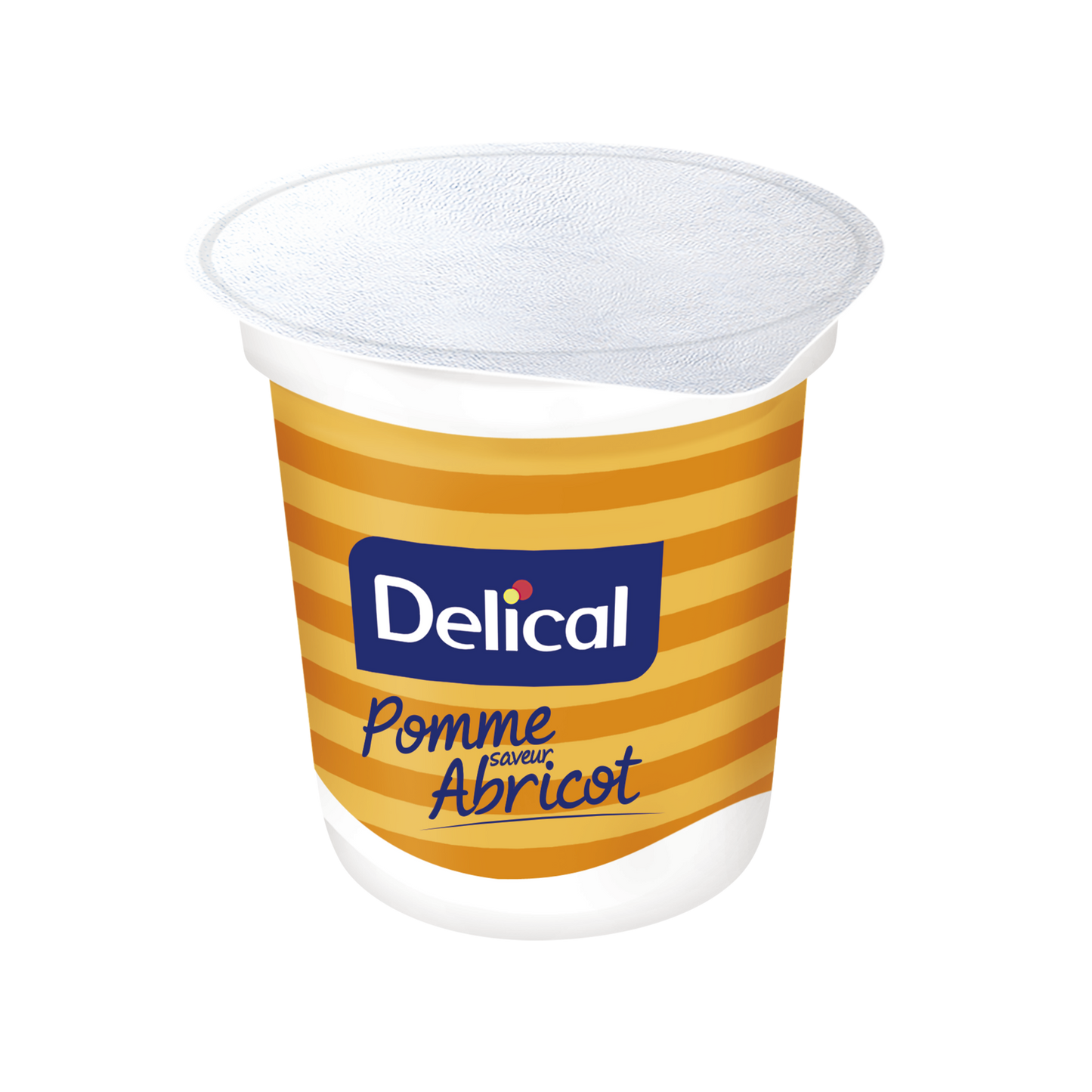Delical Nutra'Pote Apfel-Aprikose Becher mit gestreiftem Design und Markenlogo.