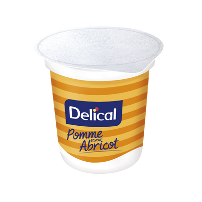 Delical Nutra'Pote Apfel-Aprikose Becher mit gestreiftem Design und Markenlogo.