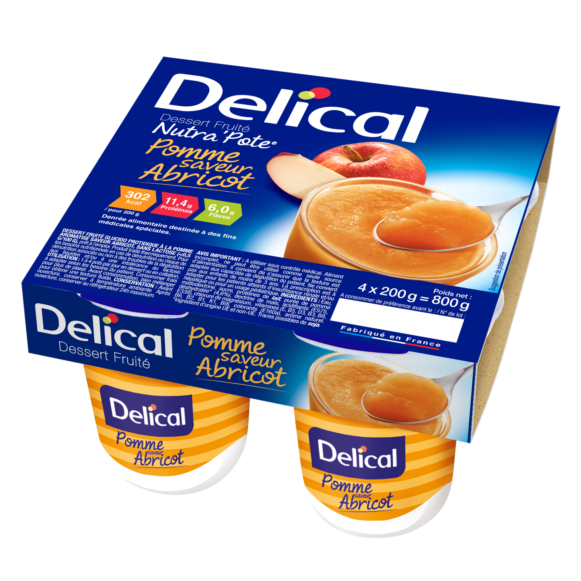 Viererpack Delical Nutra'Pote Aprikose mit Fruchtabbildung und Produktinformationen.