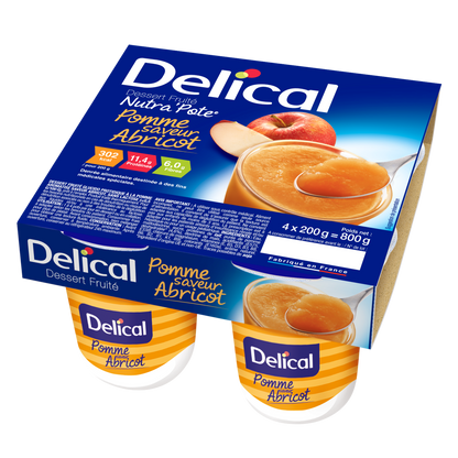 Viererpack Delical Nutra'Pote Aprikose mit Fruchtabbildung und Produktinformationen.