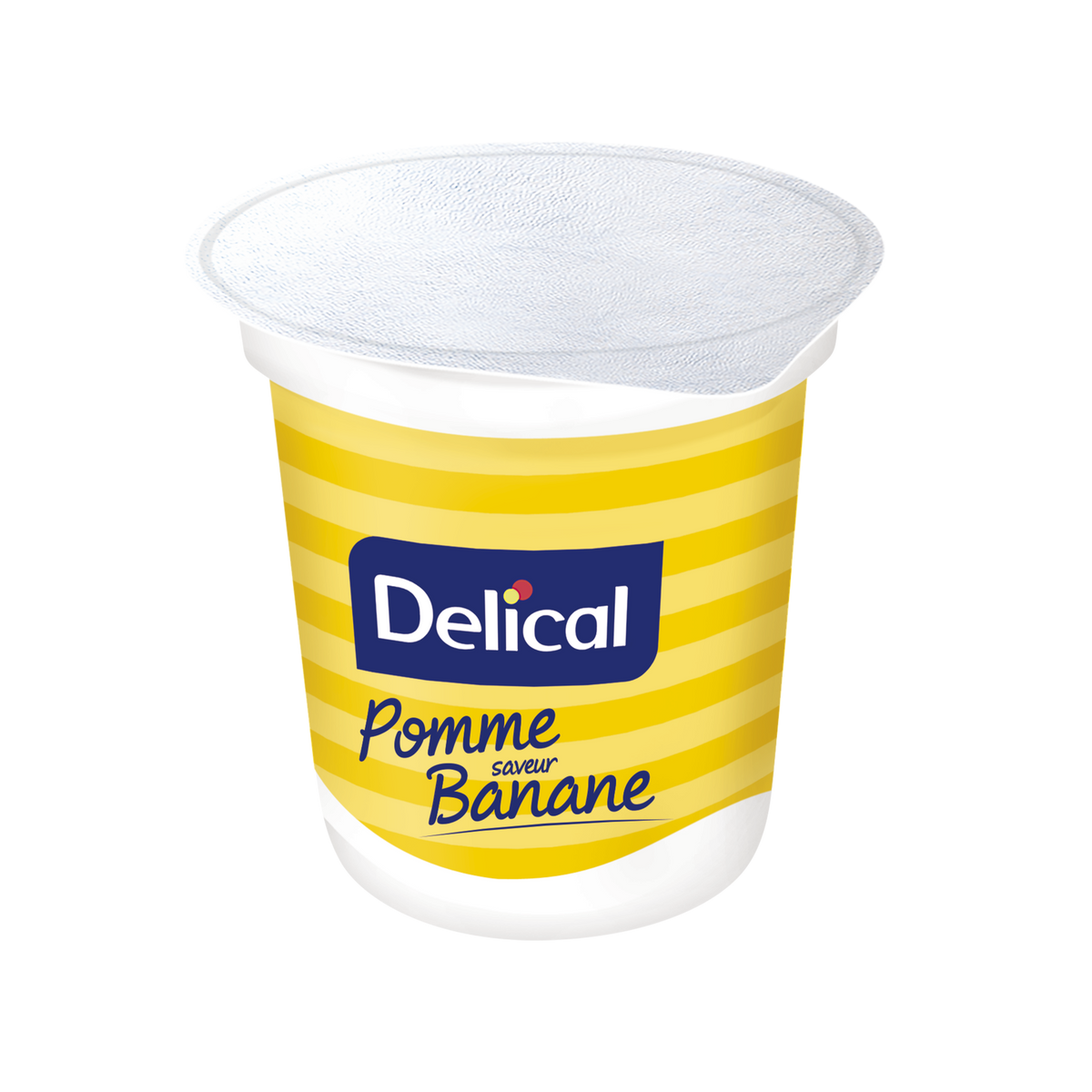 Delical Nutra'Pote Apfel-Banane Becher mit gelbem Streifendesign und Markenlogo.