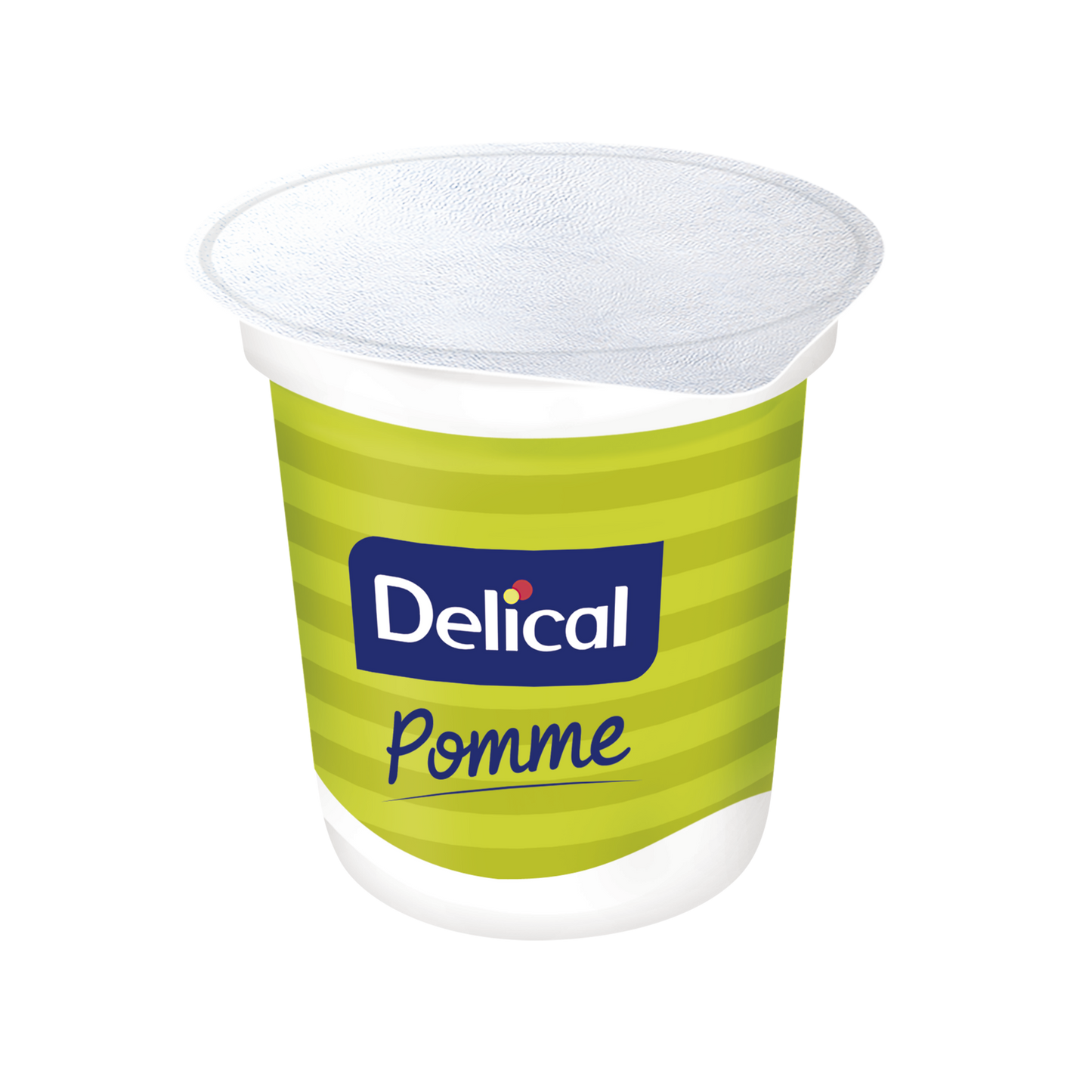 Delical Nutra'Pote Apfelbecher vor grünem Hintergrund mit Markenlogo.