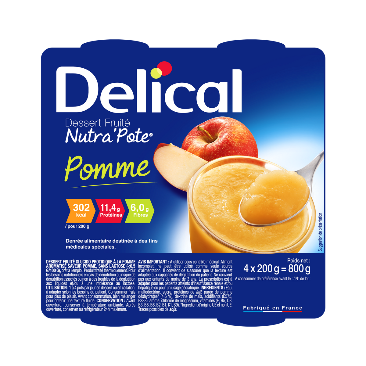Delical Nutra'Pote Apfel Dessertbecher mit Fruchtabbildung und Nährwertangaben.