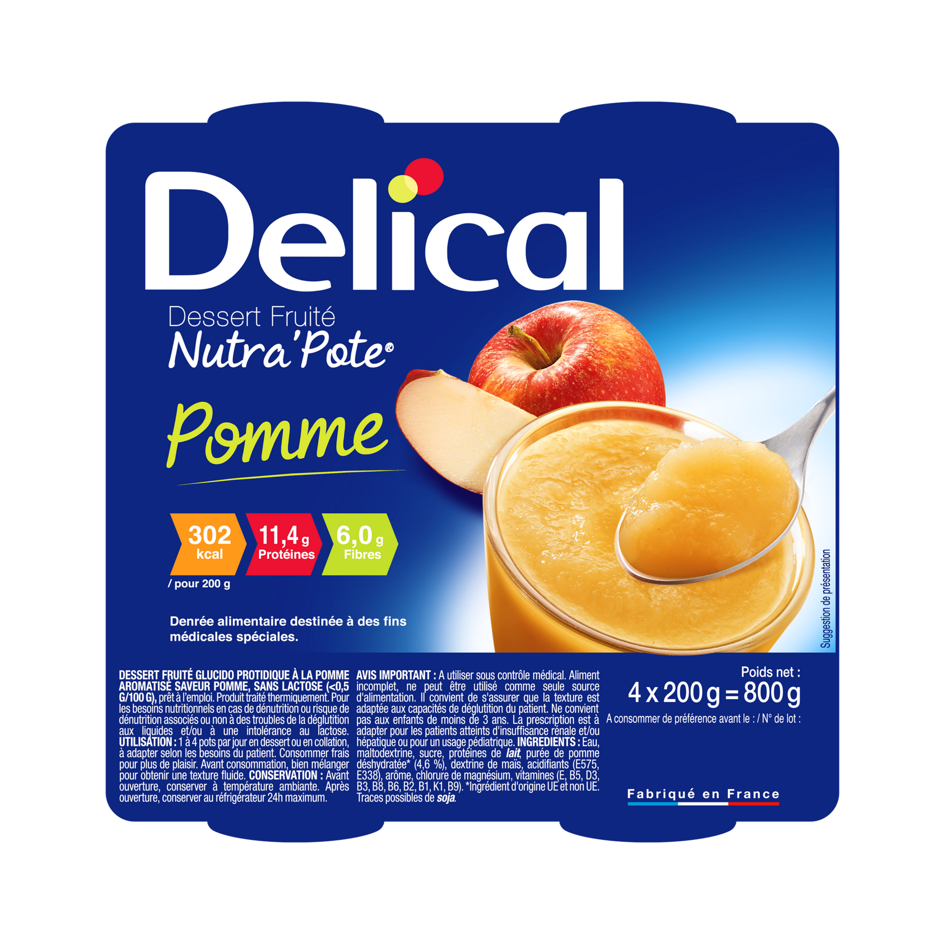 Delical Nutra'Pote Apfel Dessertbecher mit Fruchtabbildung und Nährwertangaben.