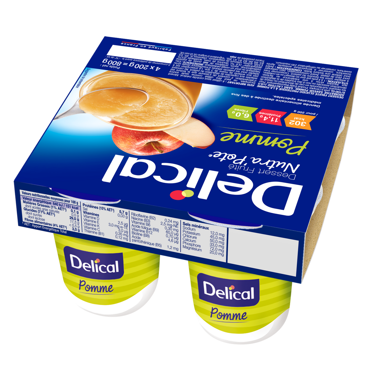 Delical Nutra'Pote Apfel Dessertbecher mit Verpackung und Fruchtabbildung.